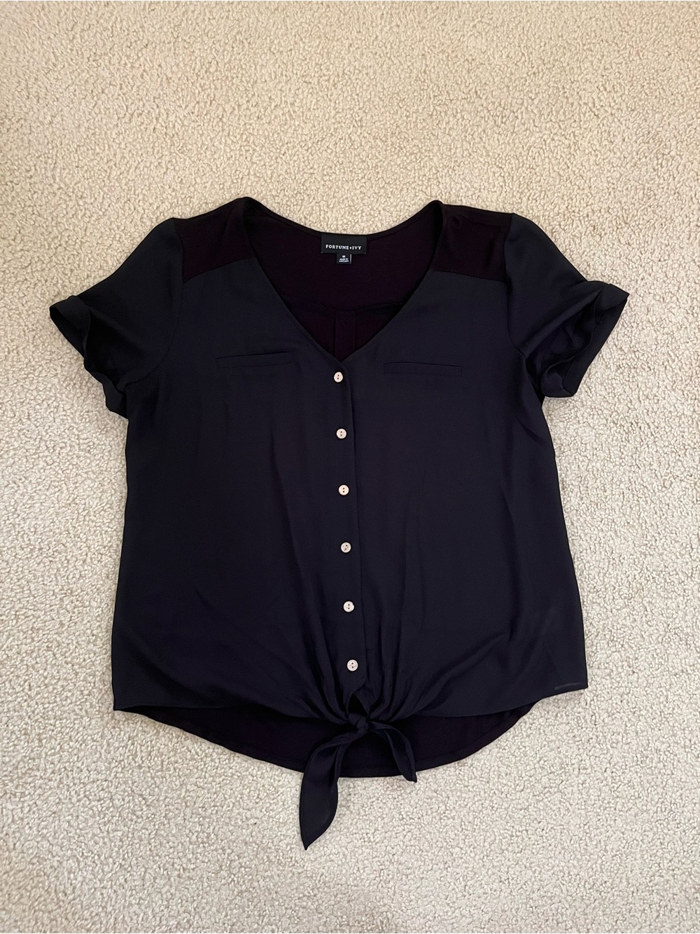Fortune + Ivy Arden Tie Front Button Down Blouse - Black - Medium